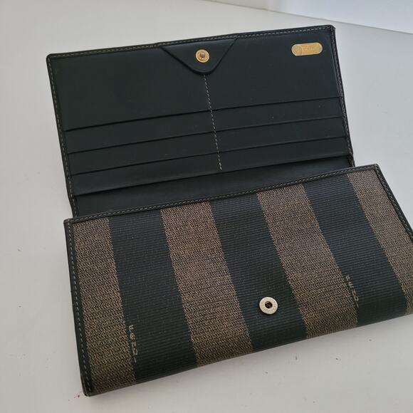 Fendi Vintage Pequin Wallet Canvas Leather Wallet Black Clutch Envelope Large - Picture 3 of 12